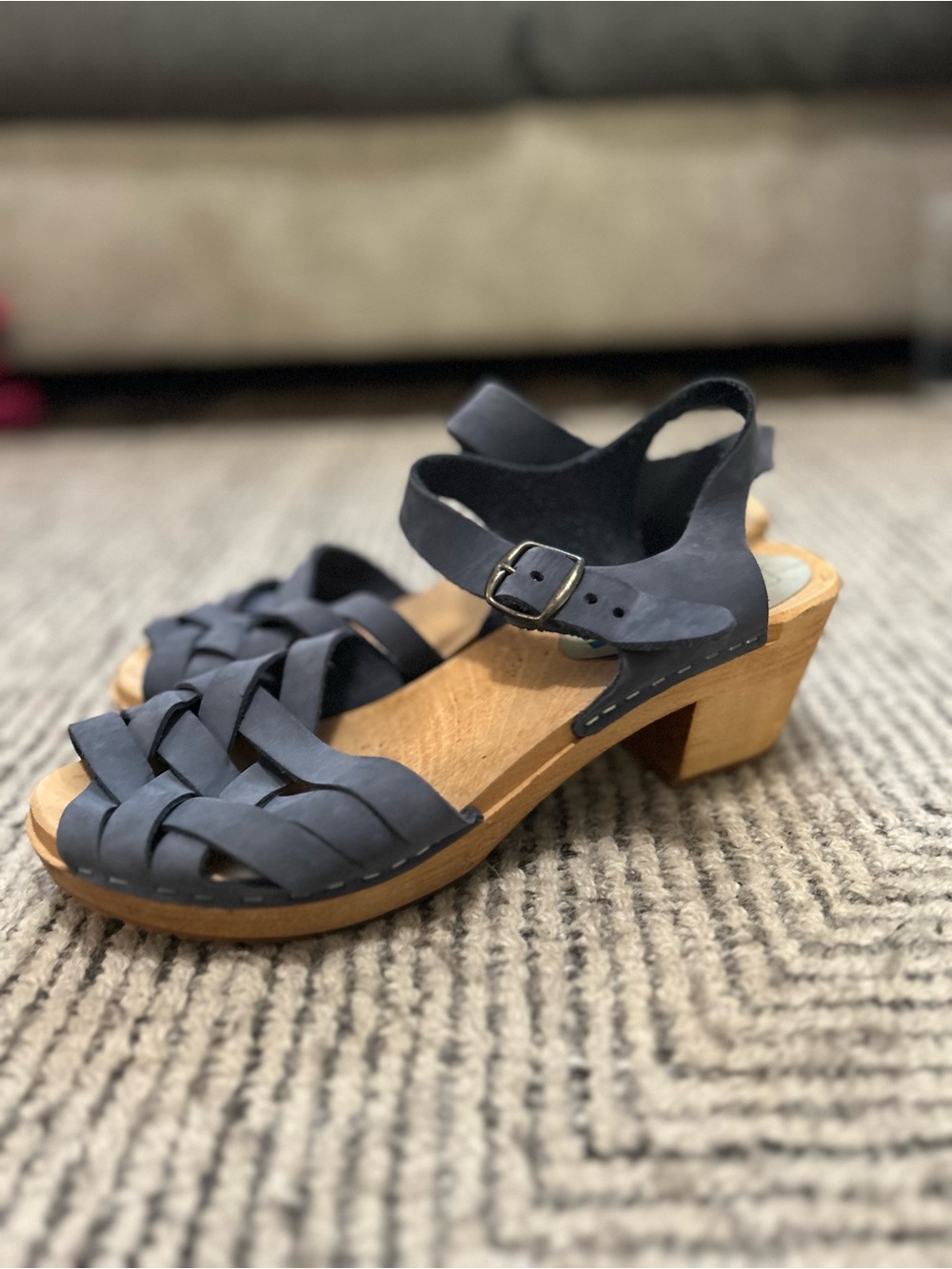 Moheda Leather Strappy Wooden Clog Sandals Blue EU 40 | US 9